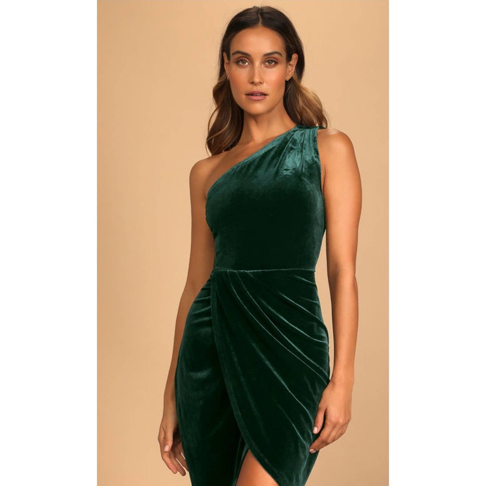 Lulus All The Luxe Dark Green Velvet Lace One-Shoulder Mini Dress Medium